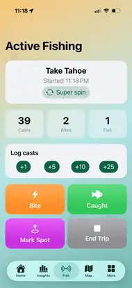 CastIQ Active Fishing screen showing quick logging of casts, bites and catches